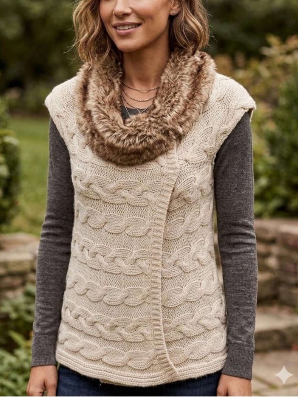 Zara Cream Cable-Knit Sleeveless Sweater Vest with Brown Faux-Fur Cowl Small 468